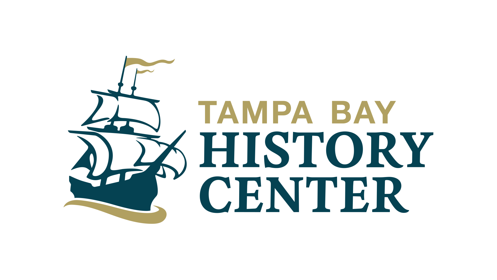 Tampa Bay History Center logo: sailboat icon with dark teal accents; text in teal and tan.