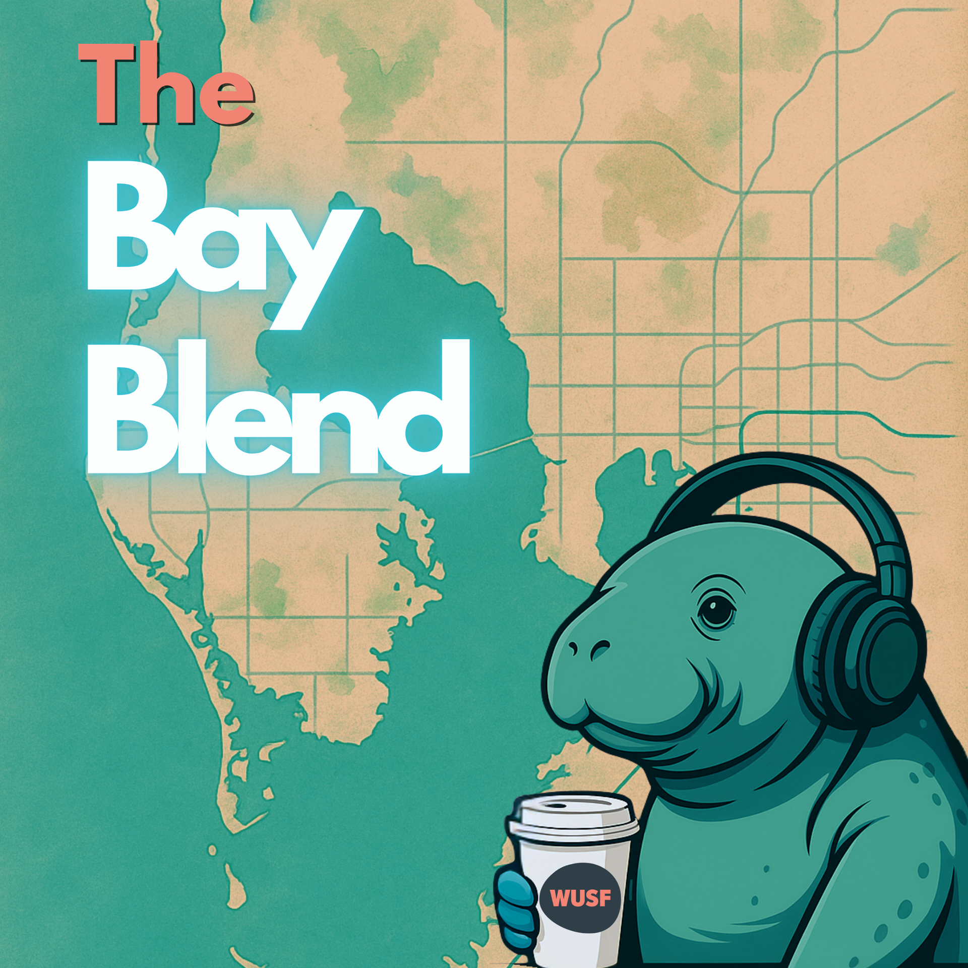 A manatee with headphones holds a coffee cup. The background shows a map of Florida, the show is called