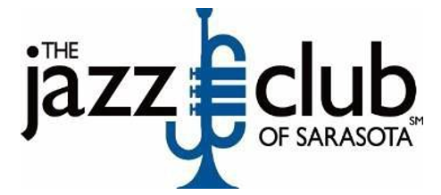 Logo for The Jazz Club of Sarasota with a blue trumpet.