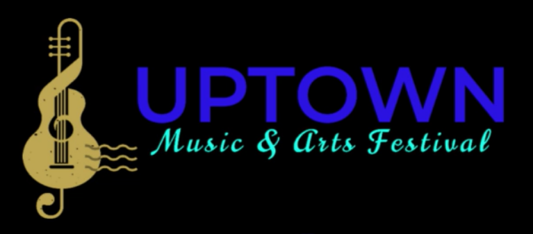 Logo for Uptown Music & Arts Festival. Features a guitar-shaped treble clef, blue
