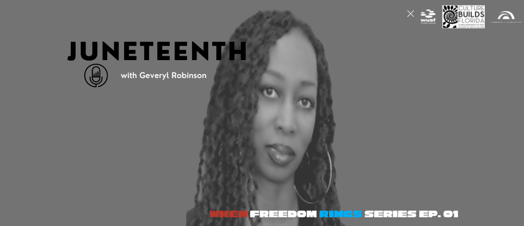 Juneteenth event with a woman, gray background, words