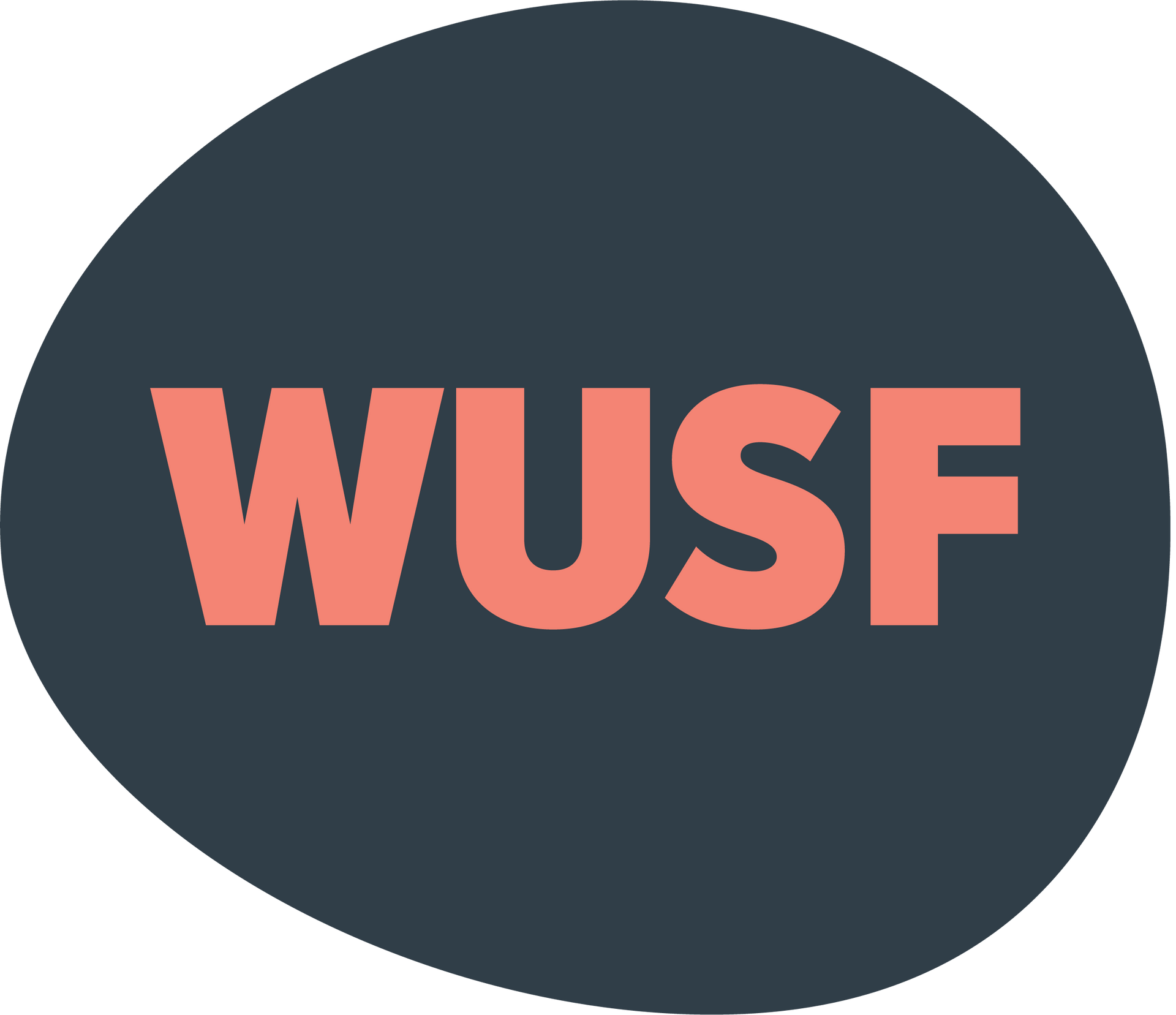 WUSF logo in coral lettering on a dark blue, irregular shape.