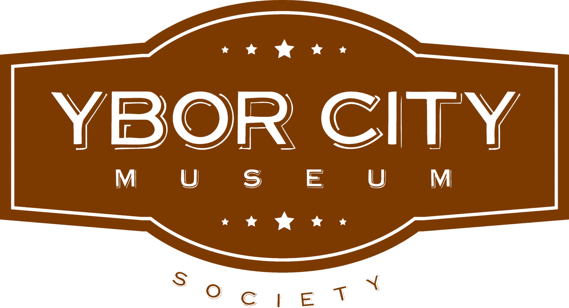 Logo for Ybor City Museum: brown and white text in an oval shape with stars above and below.