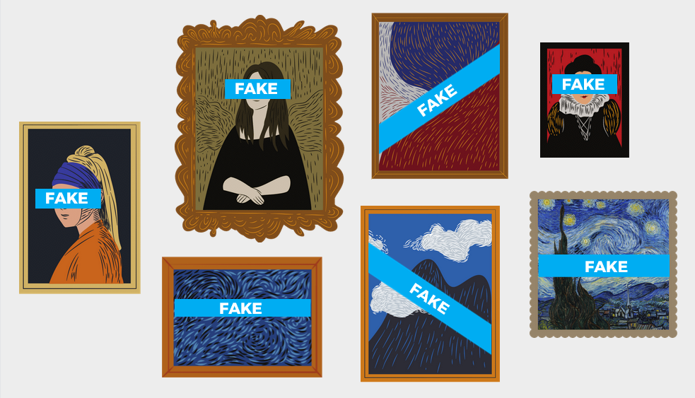 Pixelated recreations of famous paintings, each with