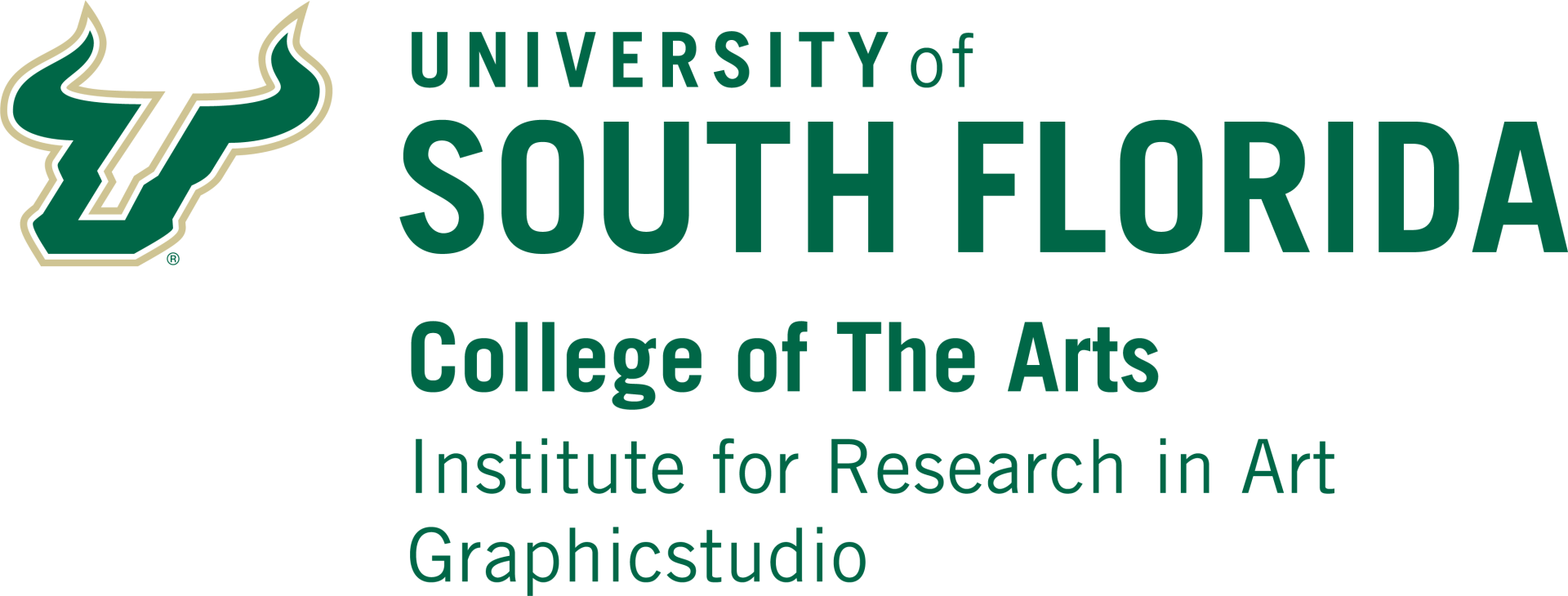 Logo for University of South Florida, College of The Arts, Institute for Research in Art, Graphicstudio. Green and white.