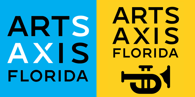 Arts Axis Florida logo: blue and yellow squares with text and a trumpet icon.