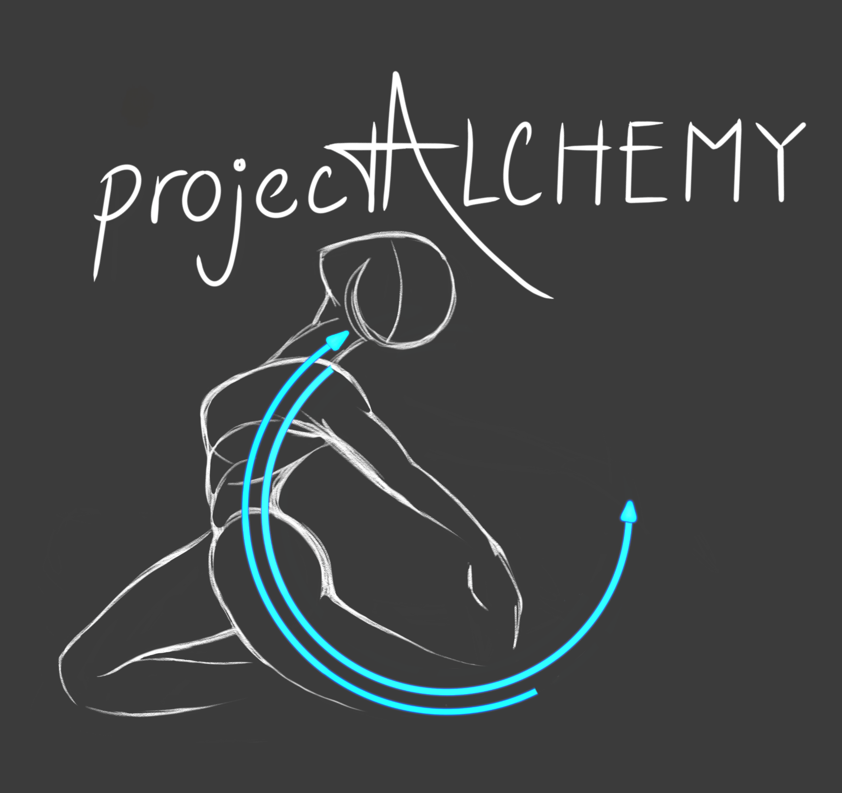 White sketch of a person in motion with blue curved arrows, 