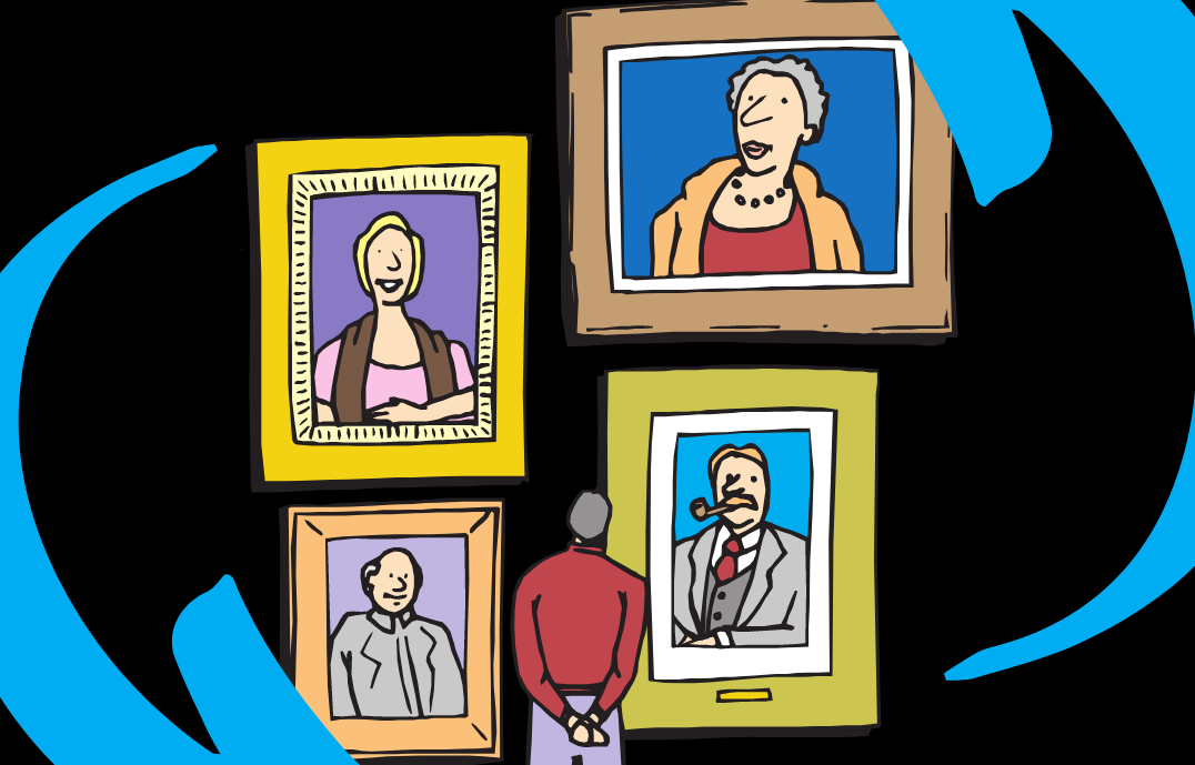 Man looking at portraits of four people.
