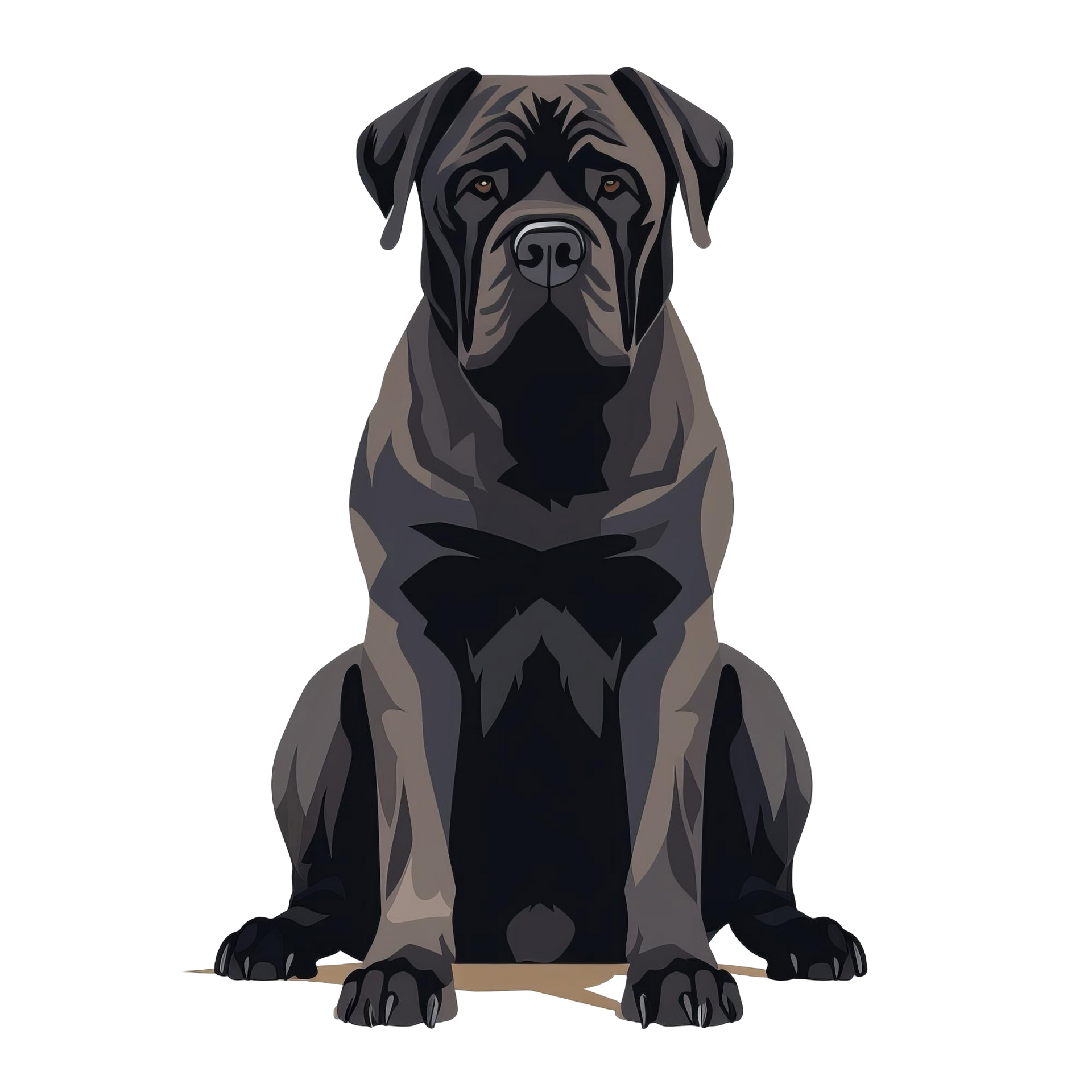 A black dog is sitting down on a white background.