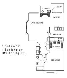 Floor plan of a 1-bedroom, 1-bathroom apartment with living room, dining area, kitchen, closet, patio, and storage.