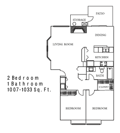 2-bedroom, 1-bathroom apartment floor plan with living room, dining, kitchen, patio, storage, and two bedrooms
