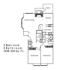 2-bedroom, 2-bathroom apartment floor plan with living room, kitchen, dining area, patio, and storage.