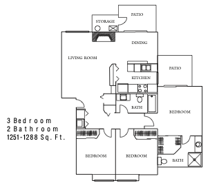 Floor plan of a 3-bedroom, 2-bathroom apartment, 1251–1288 sq. ft., with labeled rooms and balcony.