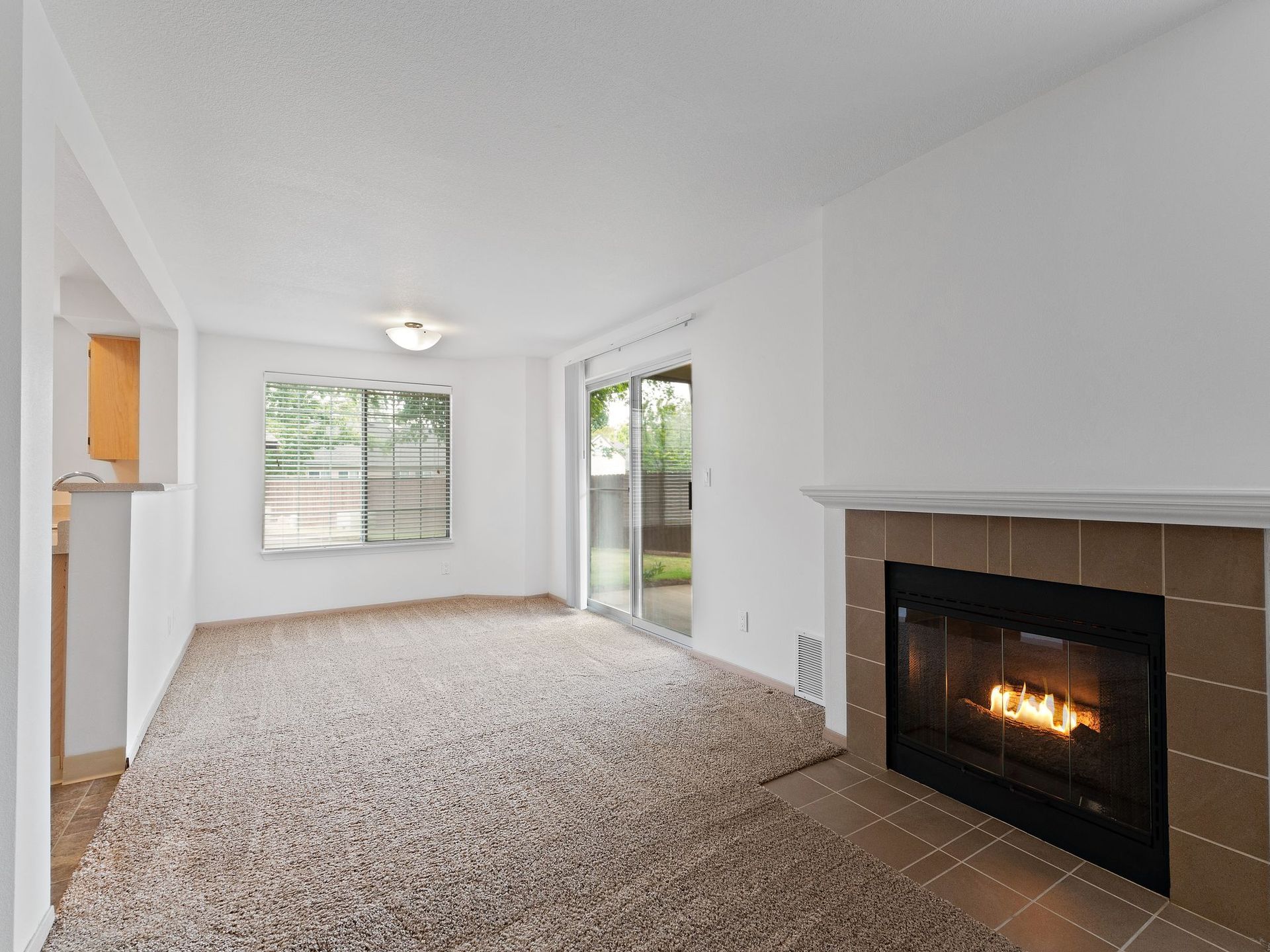Empty living room with white walls, carpet, fireplace, and sliding glass door to outside.