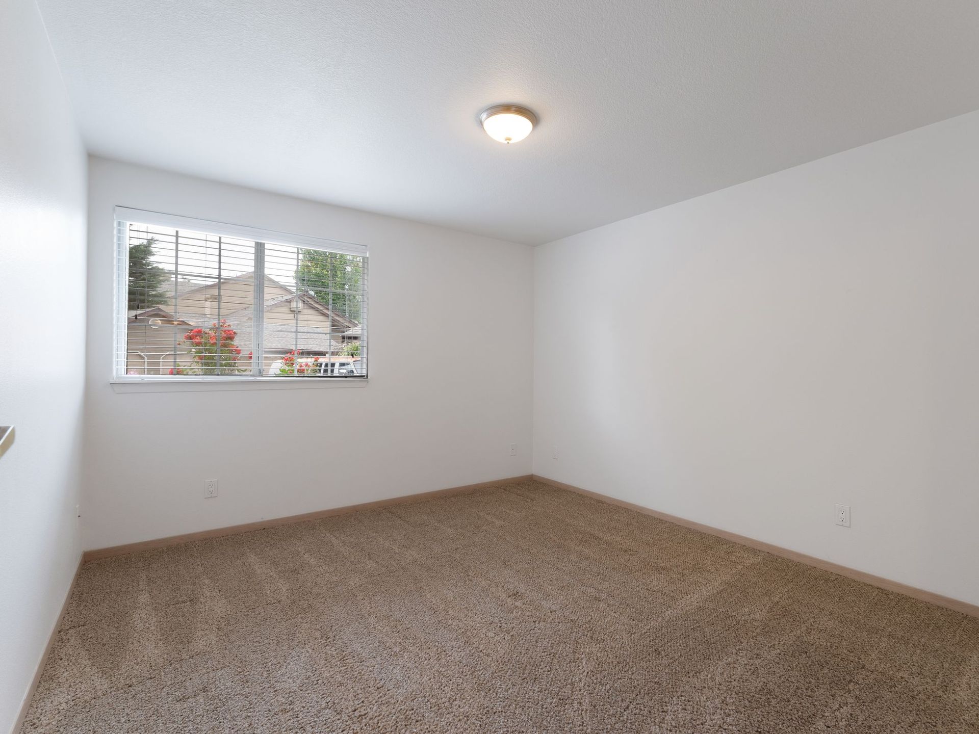 Empty carpeted bedroom with white walls, a ceiling light, and a window with blinds.