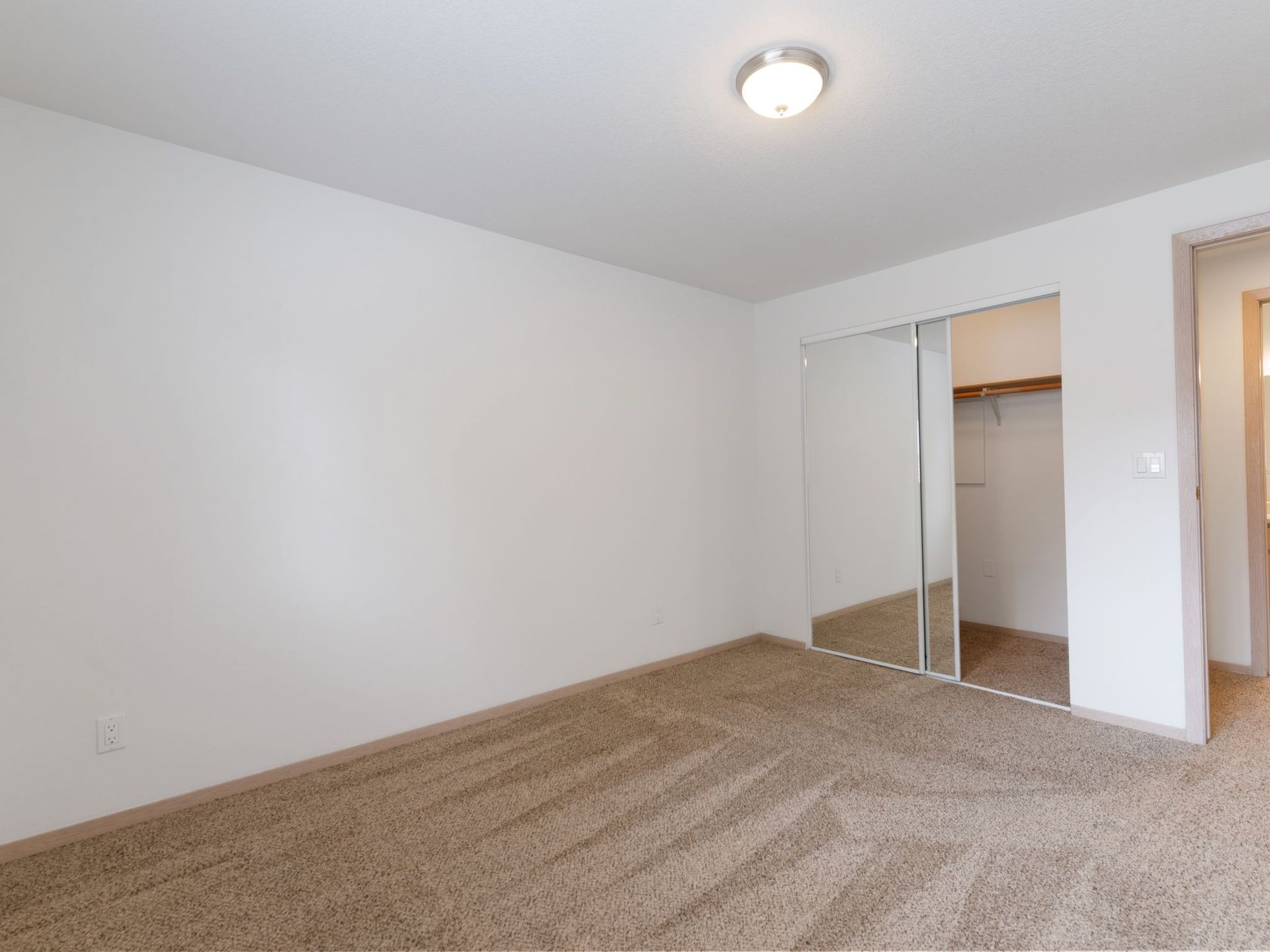 Empty beige-carpeted bedroom with white walls, a ceiling light, and a mirrored closet door