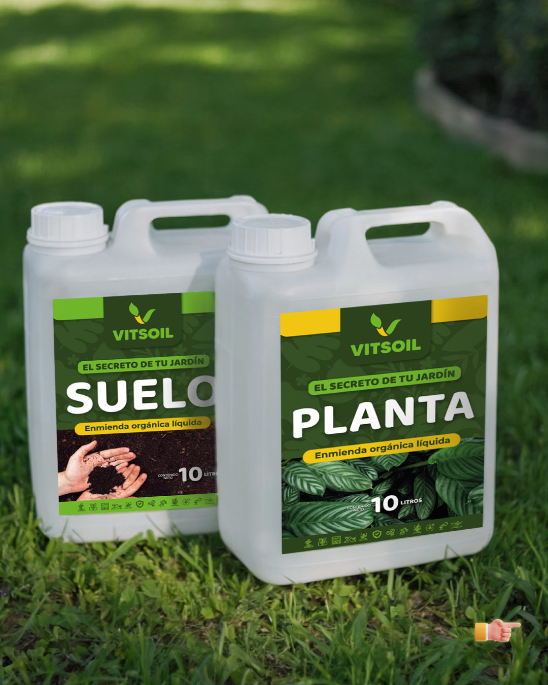 Dos frascos de plástico de fertilizante Vitssoil sobre césped. Uno con la etiqueta 