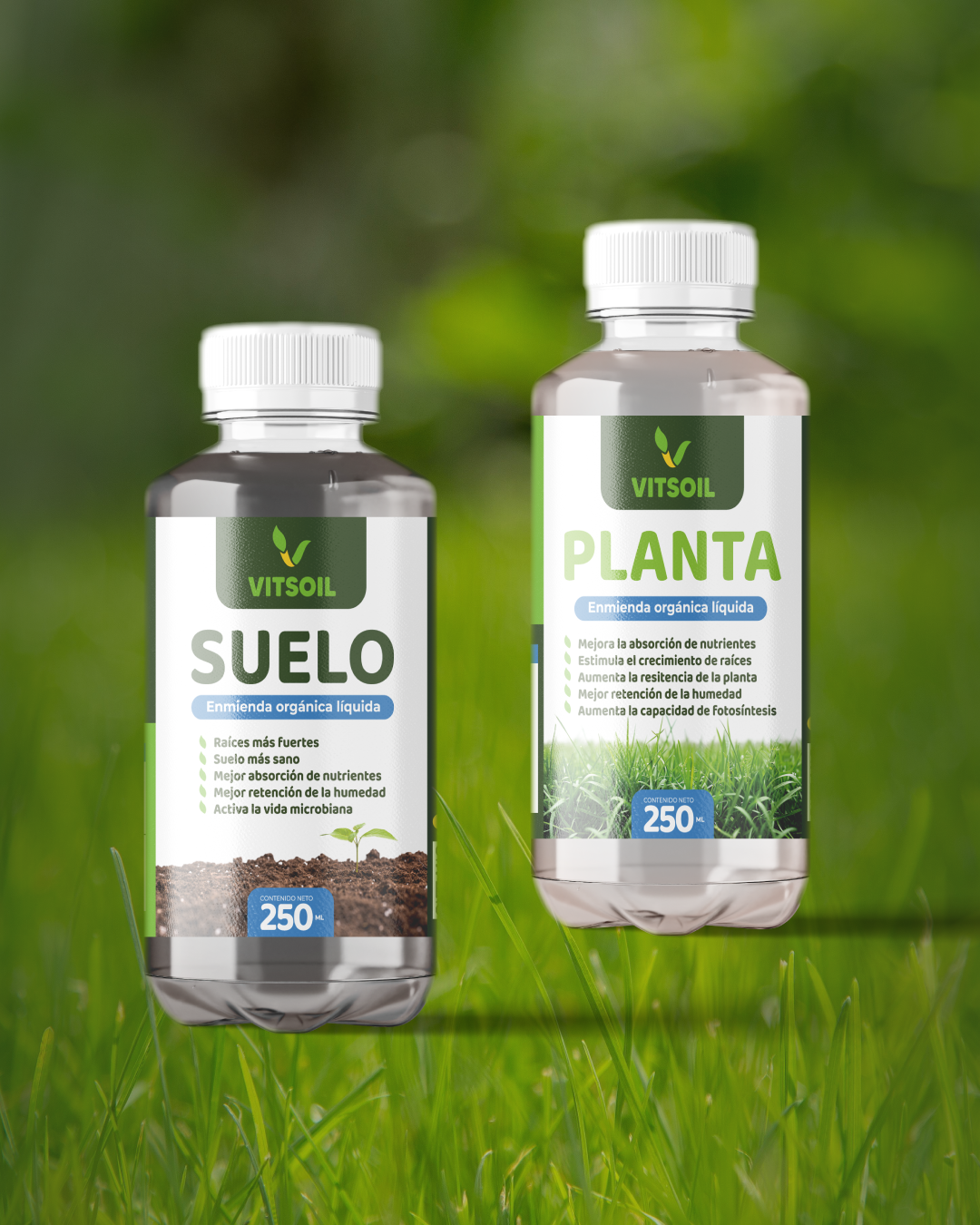 Dos botellas de fertilizante frente al césped. Una dice 