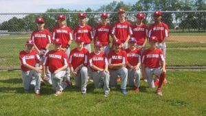 Youth baseball team posing in red uniforms on a grassy field.