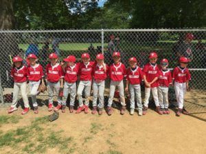 Youth baseball team in red jerseys lined up in front of a chain-link fence on a sunny field