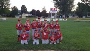 Youth baseball team in red uniforms posing on a grassy field at dusk