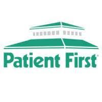 Patient First logo with green building icon and teal text on white background
