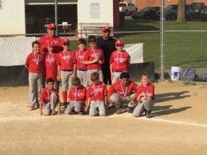 Youth baseball team in red uniforms posing on a dirt field in front of a chain-link fence