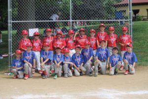 Youth baseball team in red and blue uniforms posing on a field with a chain-link fence behind them