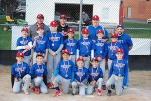 Youth baseball team in blue uniforms and red caps posing for a group photo on a field