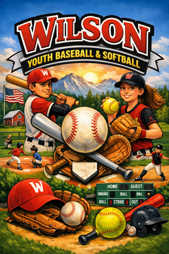 Wilson Youth Baseball & Softball poster with two kids holding bats and baseball gear on a green field