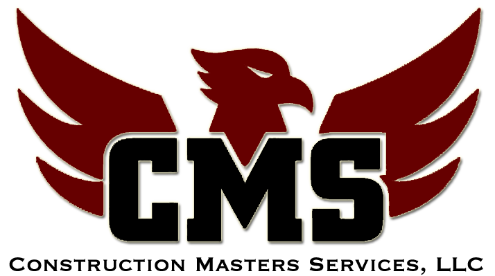 Construction Masters Services, LLC logo with red eagle wings behind black CMS letters