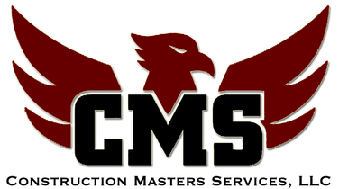 Construction Masters Services, LLC logo with red eagle wings behind black CMS letters