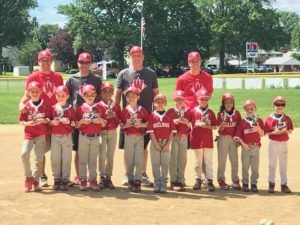 Youth baseball team posing on a field with coaches, wearing red uniforms and caps.