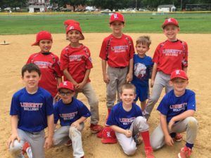 Youth baseball team posed on a field, wearing red and blue uniforms and red caps.