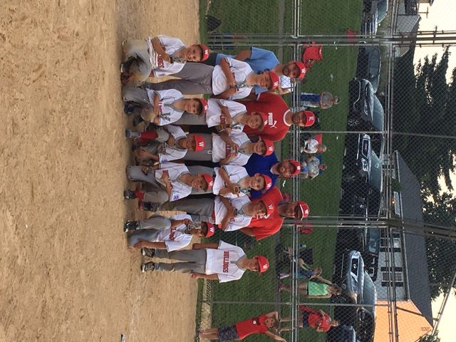 Group of baseball players in red and white uniforms posing for a team photo on a dirt field