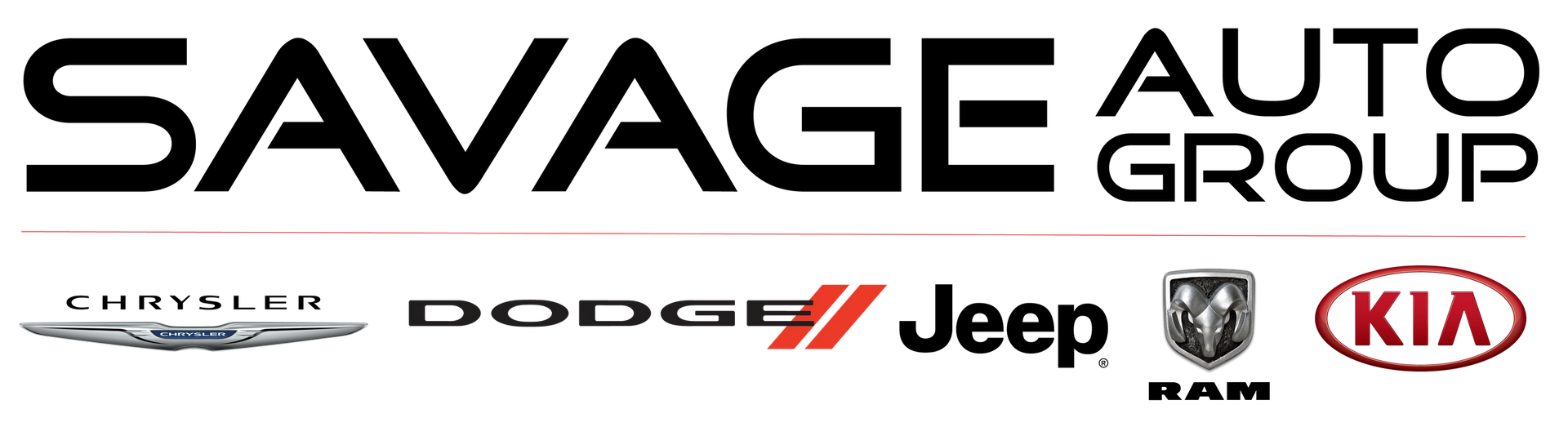 Savage Auto Group logo with Chrysler, Dodge, Jeep, Ram, and Kia brand logos