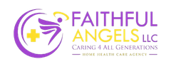 Faithful Angels LLC home health care agency logo in purple and gold, with a cross and stylized angel wings