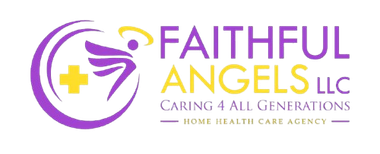 Faithful Angels LLC home health care agency logo in purple and gold, with a cross and stylized angel wings