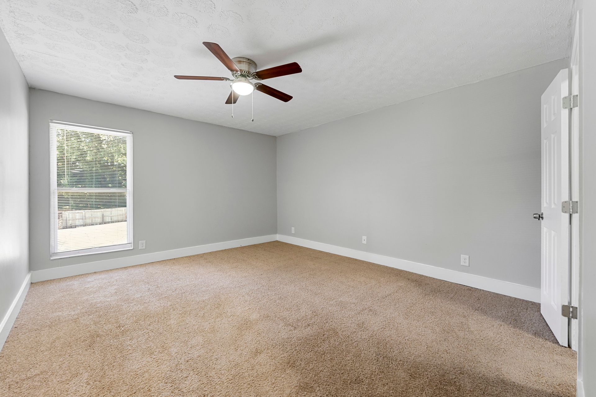 Empty beige-carpeted bedroom with gray walls, window, ceiling fan, and closed white closet doors