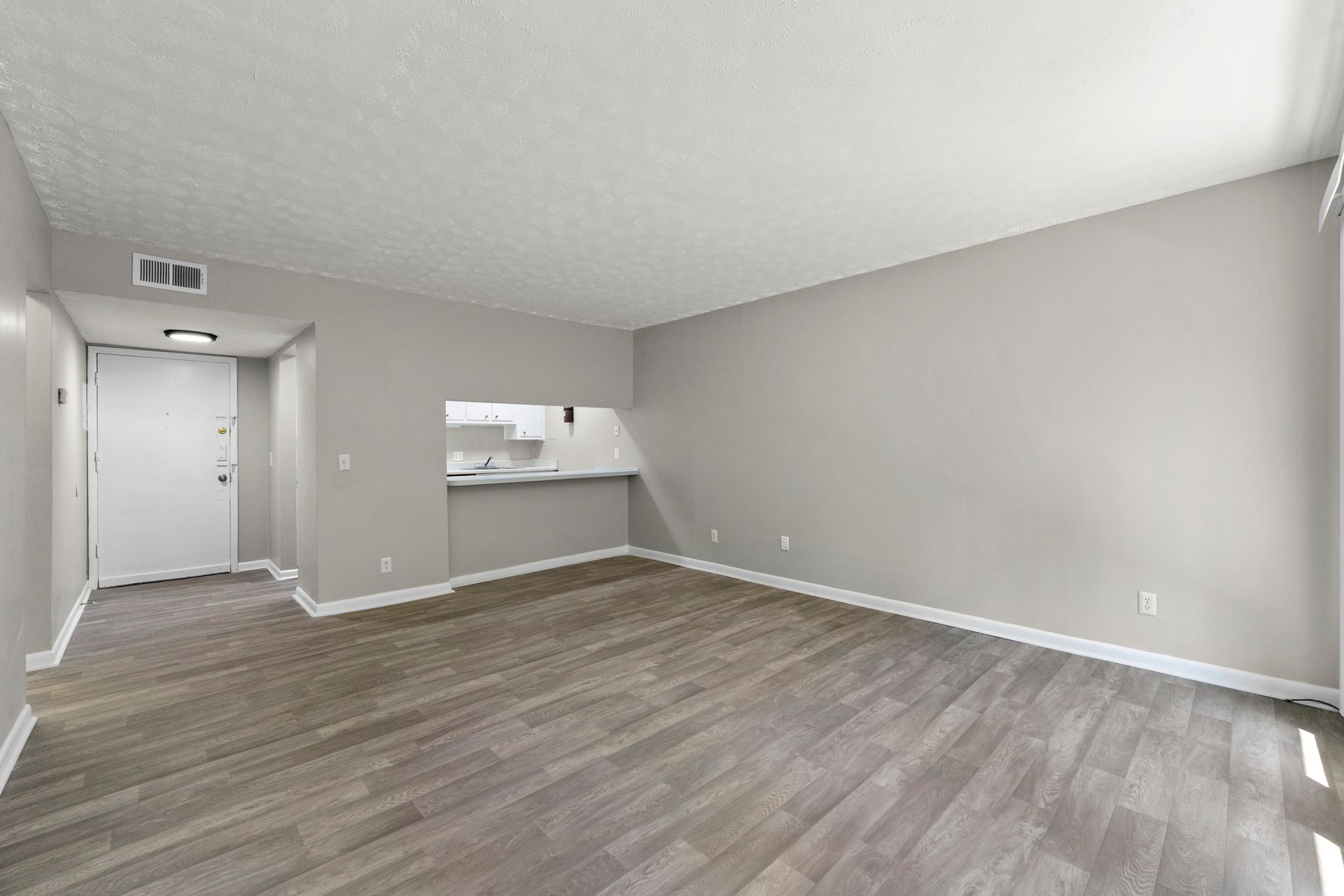 Empty modern living room with gray walls, wood-look flooring, and a pass-through opening to the kitchen.
