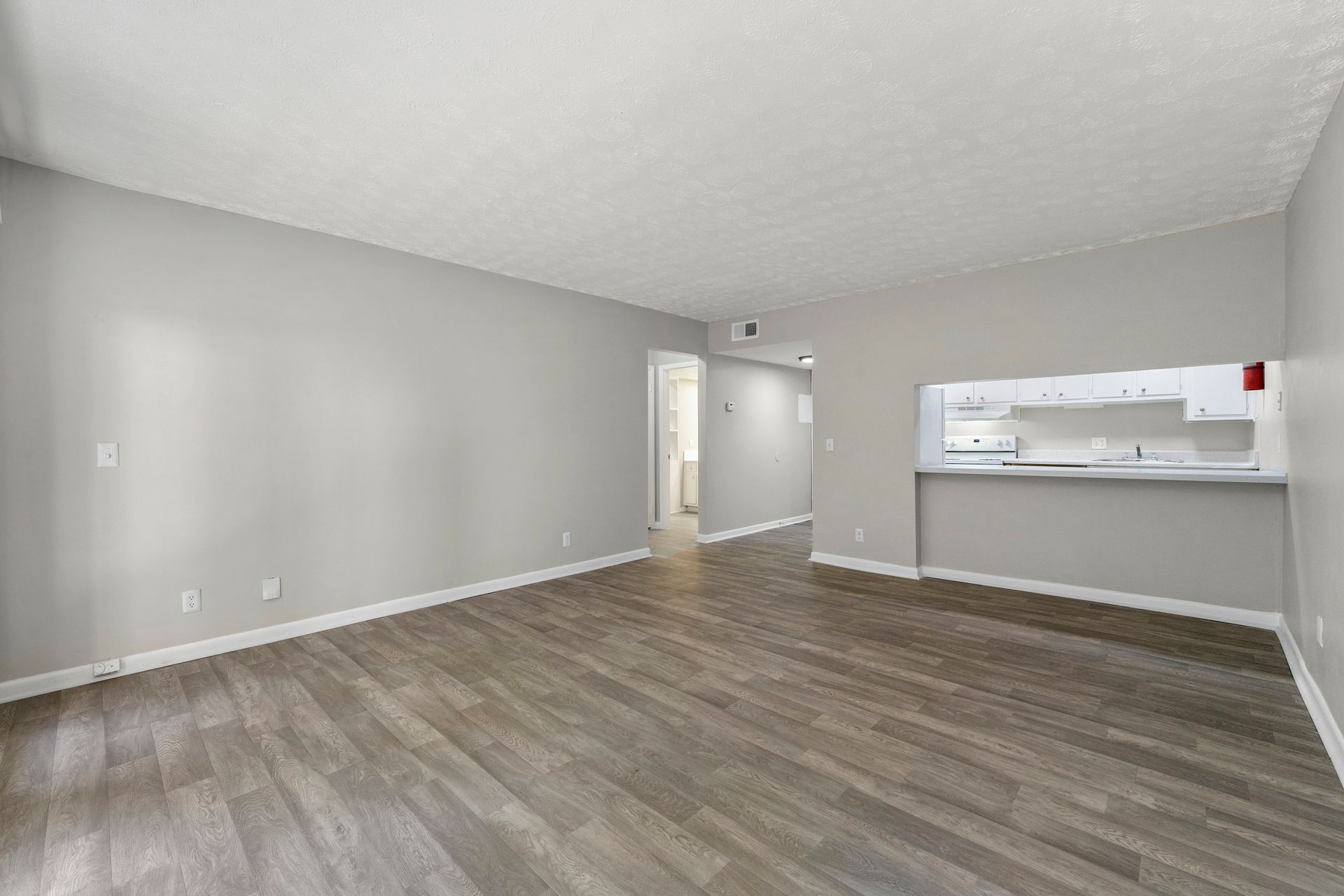 Empty gray living room with wood flooring and a pass-through opening to the kitchen.