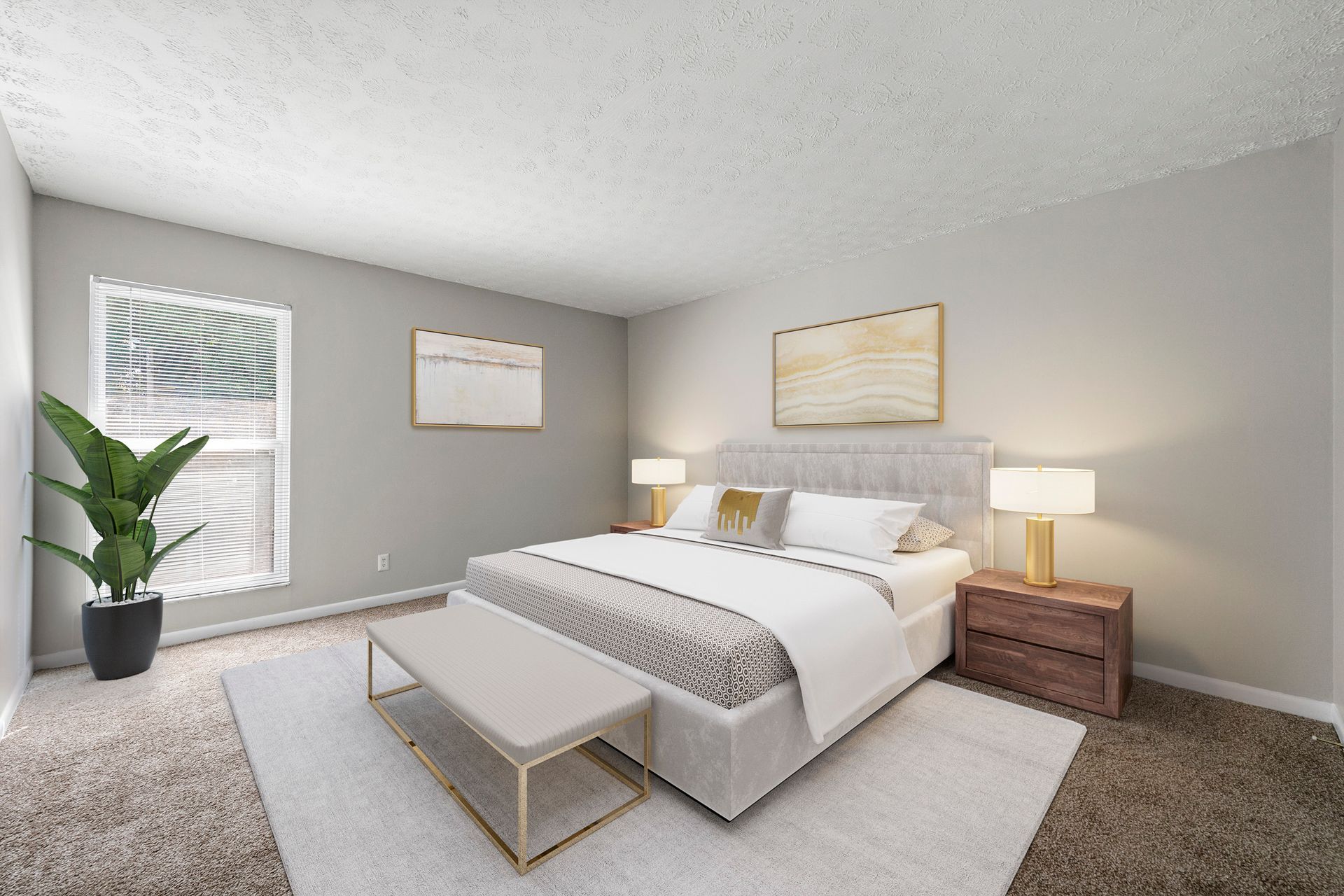 Bright minimalist bedroom with a white bed, gray walls, bench, lamps, and a potted plant by the window