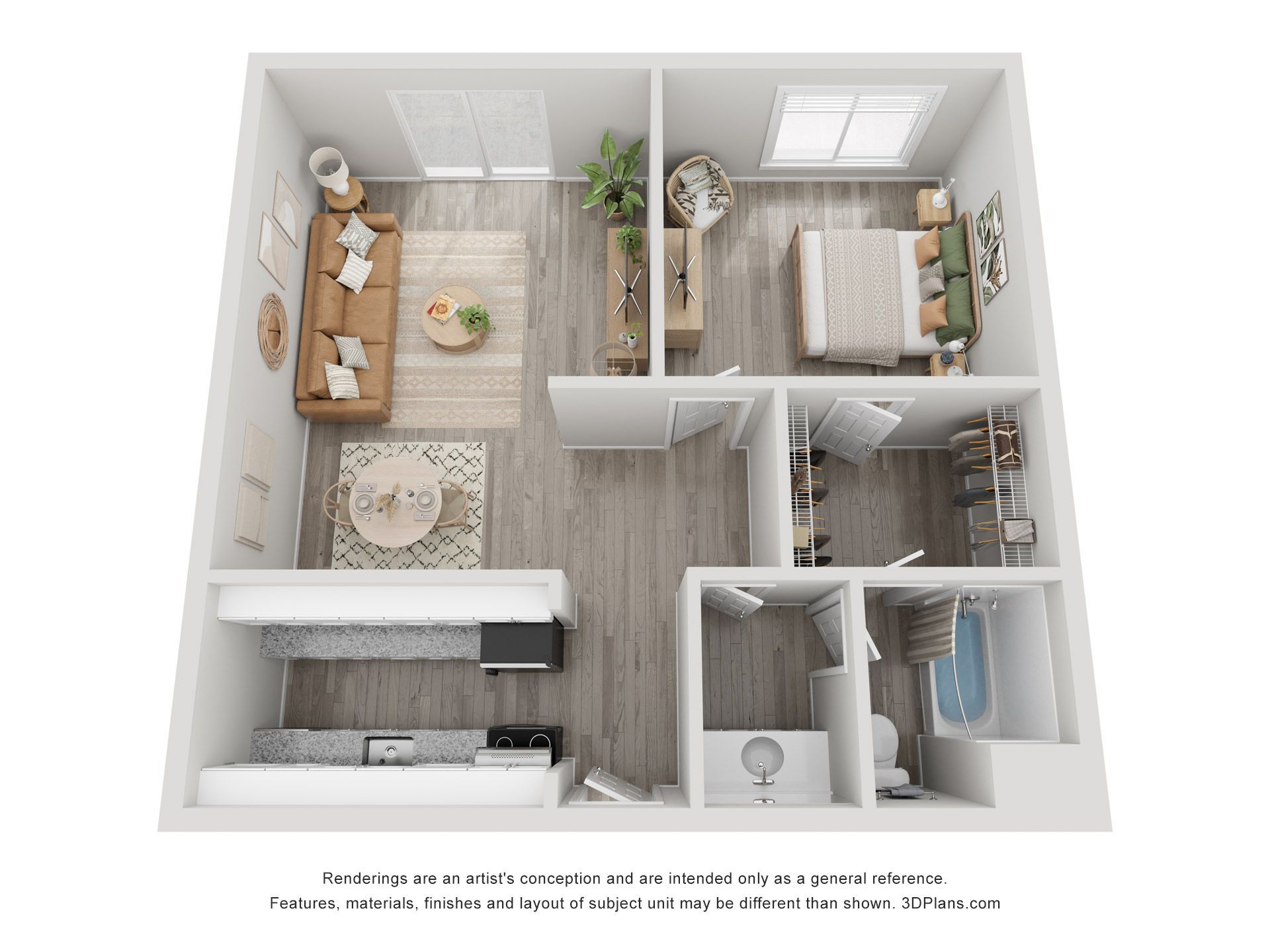3D floor plan of a small apartment with living room, bedroom, kitchen, and bathroom