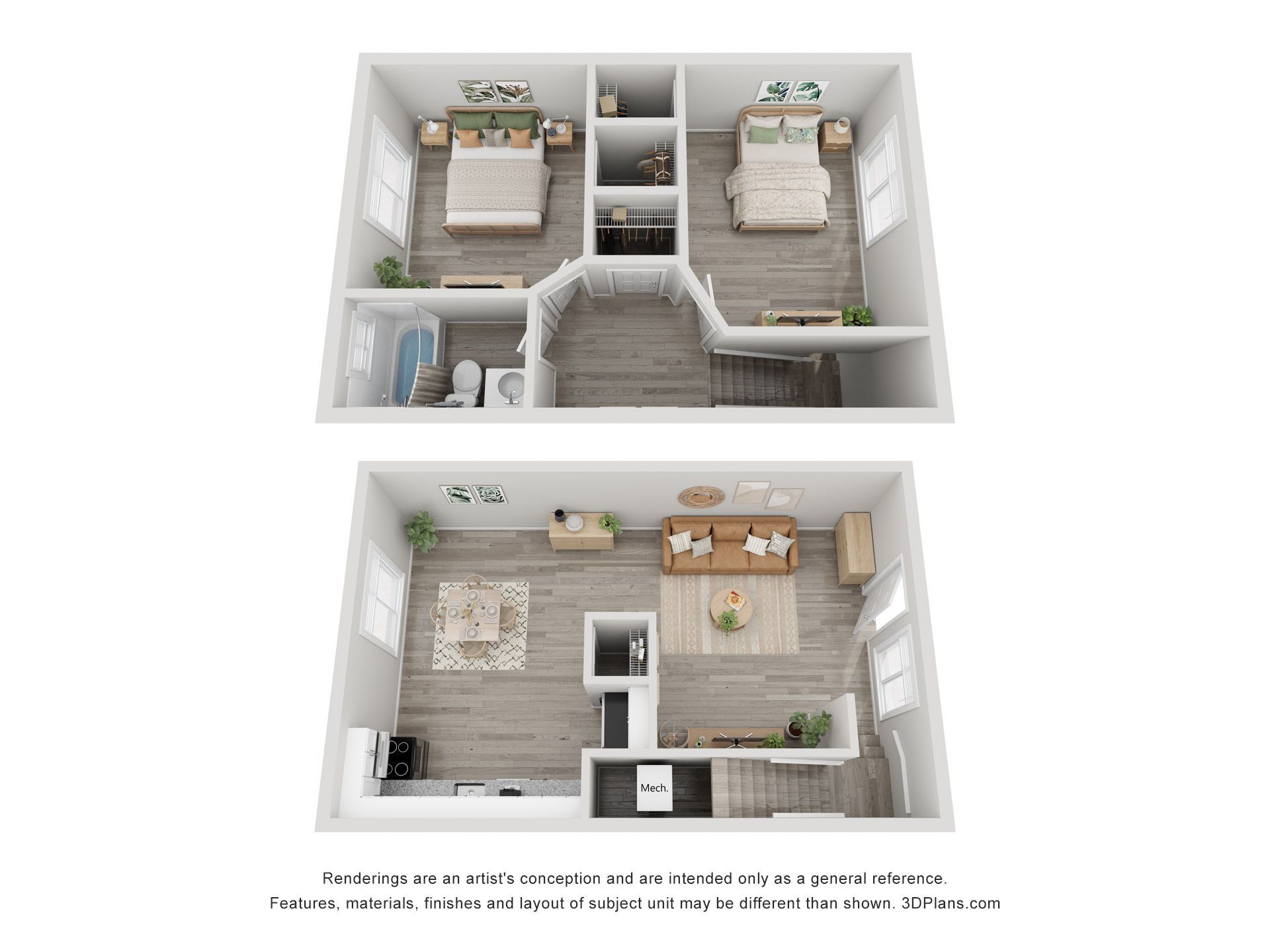 Two floor plans of a small apartment with two bedrooms and a living room-kitchen layout, top and bottom views.