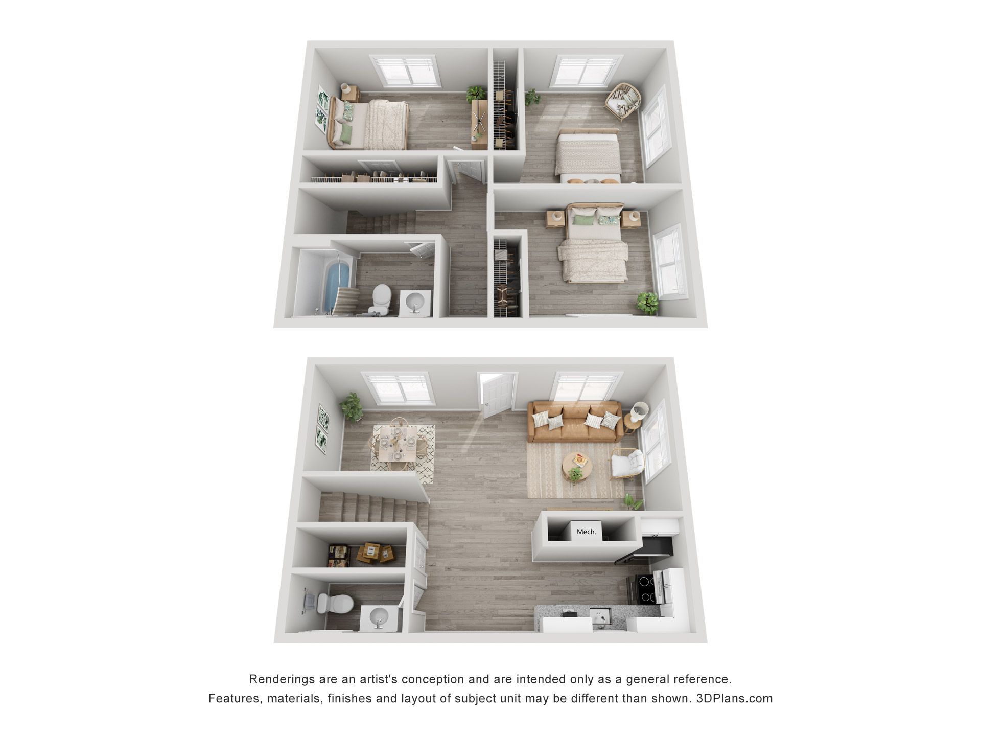 Two apartment floor plan renderings, one furnished in gray and white, one in light wood and tan.