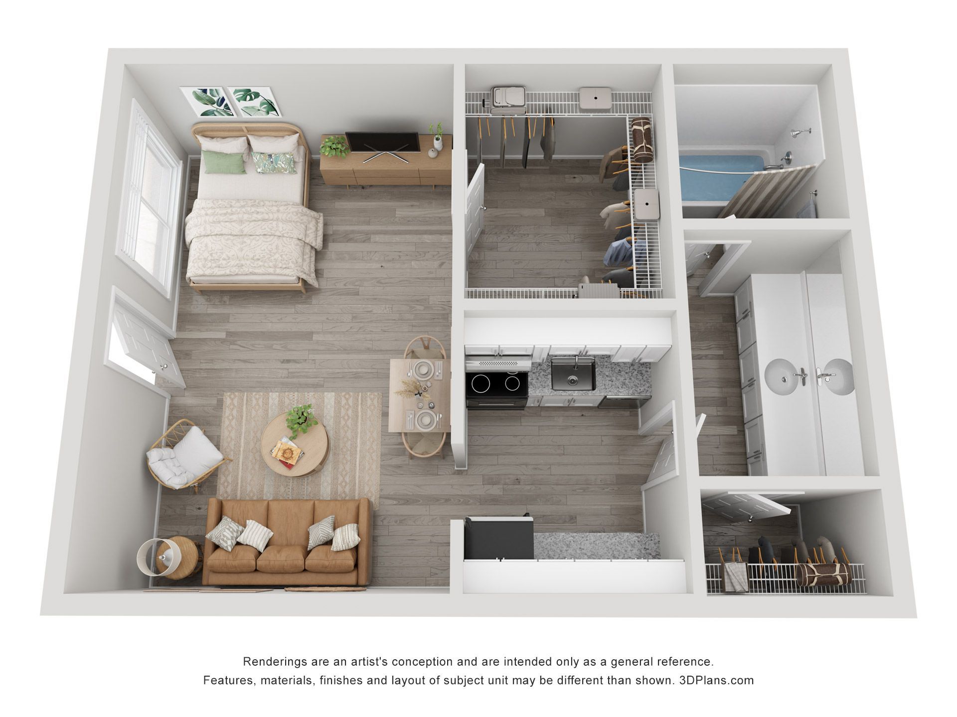 Top-down view of a small apartment with bedroom, living area, kitchen, bath, and storage room
