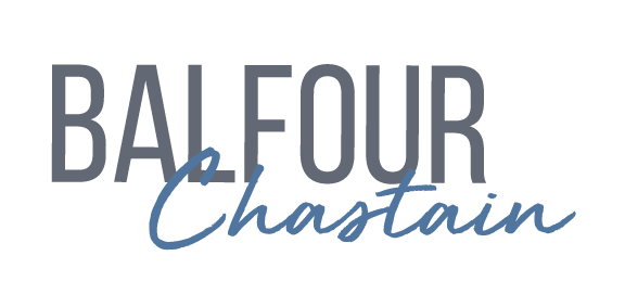 Balfour Chastain logo in gray and blue script on a white background