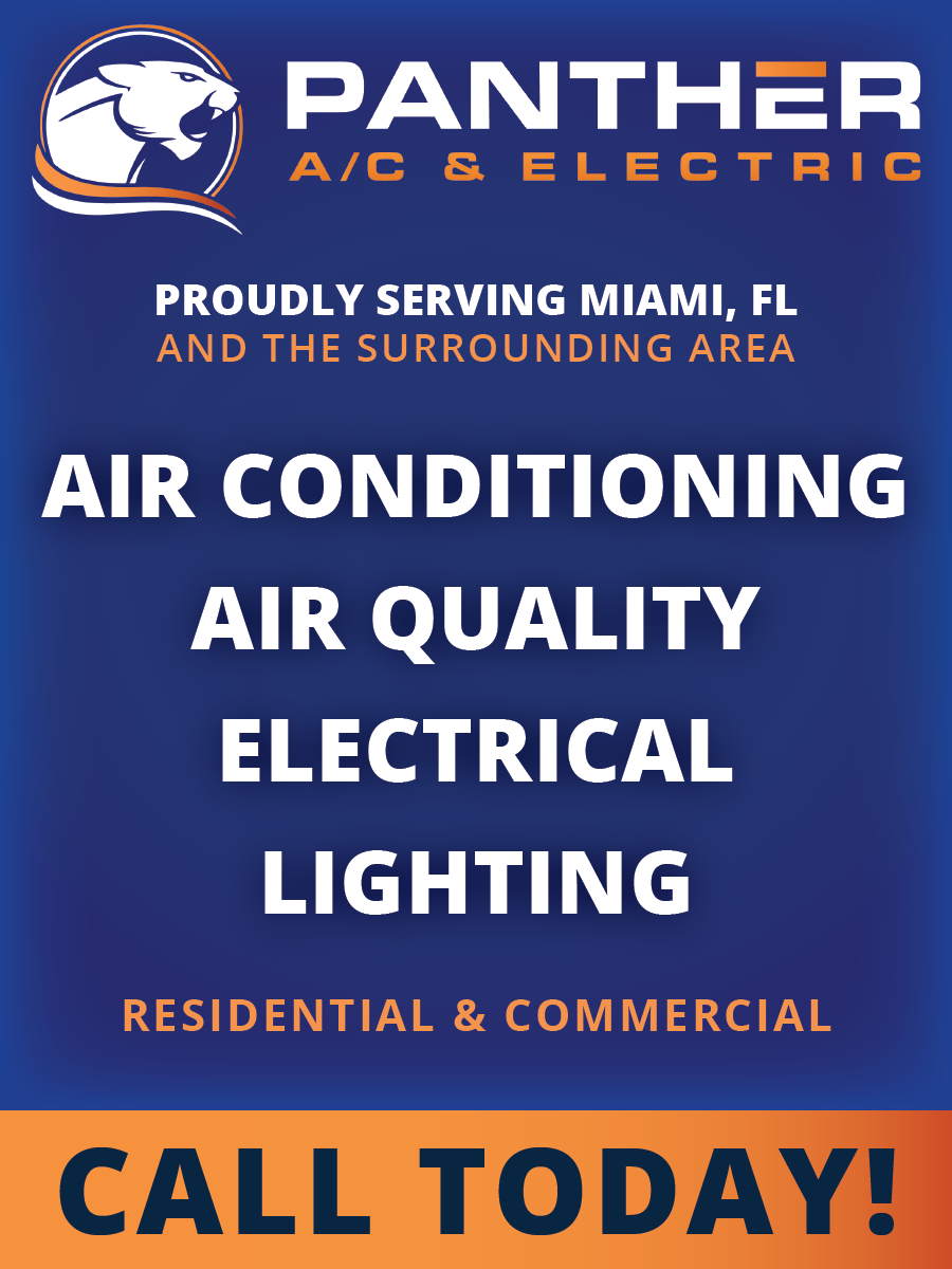 Panther A/C & Electric ad: AC, air quality, electrical, lighting; residential and commercial; call today.