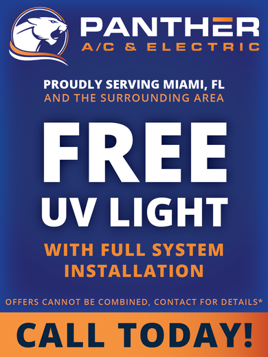 Panther A/C & Electric ad offering free UV light with full system installation, call today.