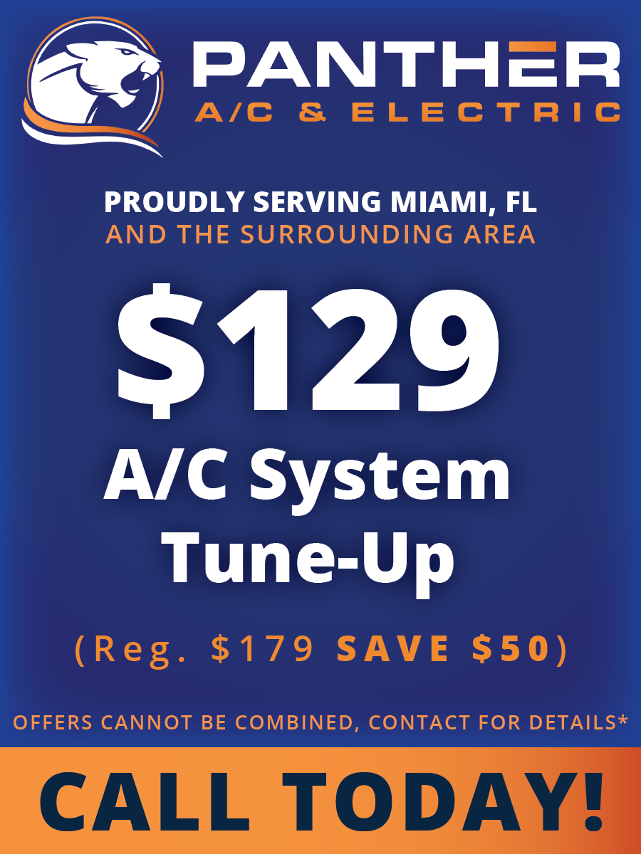 Blue Panther A/C & Electric ad for $129 A/C system tune-up, with “Call Today!” and Miami, FL service area.